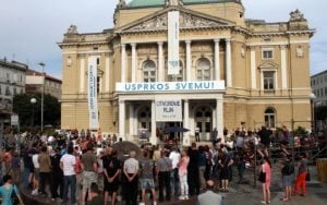 18.06.2015., Rijeka - Performans Olivera Frljica i Marina Blazevica Otkaz Fljicu i Blazevicu, na otvaranju Rijeckih ljetnih noci pred HNK Ivana pl Zajca. Frljica i Blazevica skupina gradjana gadjala je jajima i vikala na njih. Mico Antolovic fizicki je napao procelnika za kulturu Ivana Sarara.  Photo: Goran Kovacic/PIXSELL