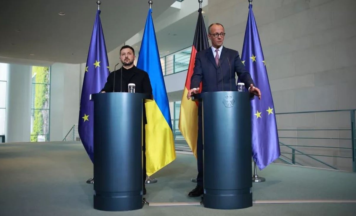 Friedrich Merz i Volodimir Zelenski na zajedničkoj konferenciji za medije u Berlinu, 28. svibnja 2025.