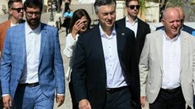 Andrej Plenković na Korčuli sa županom Pezom, gradonačelnikom Jeričevićem i ministrom Bačićem tijekom radnog posjeta otoku, 30. lipnja 2025.