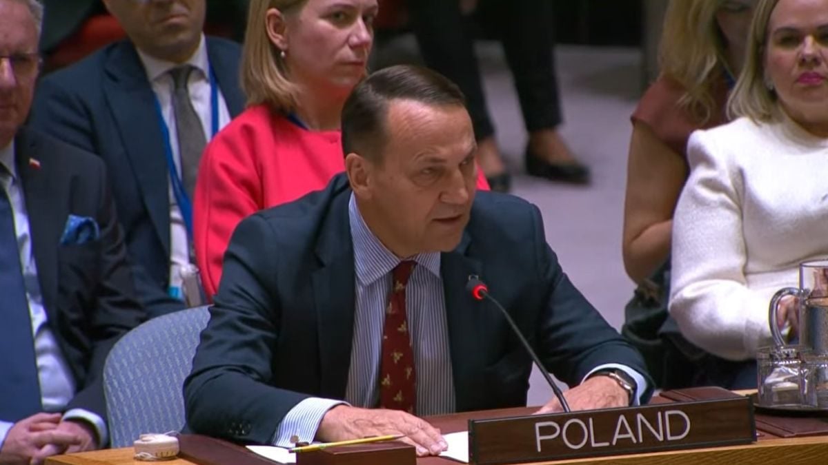 Poljski ministar Radoslaw Sikorski govori na sjednici Vijeća sigurnosti UN-a nakon povrede estonskog zračnog prostora od strane ruskih borbenih aviona