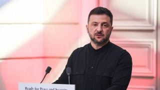 Ukrajinski predsjednik Volodimir Zelenski na konferenciji za novinare nakon sastanka Koalicije voljnih u Elizejskoj palači u Parizu, 4. rujna 2025.