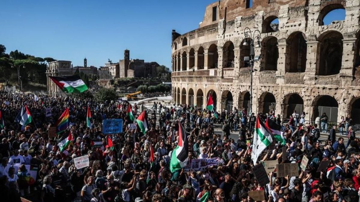 Pro-palestinski prosvjed potpore Gazi i palestinskom narodu u Rimu, listopad 2025.