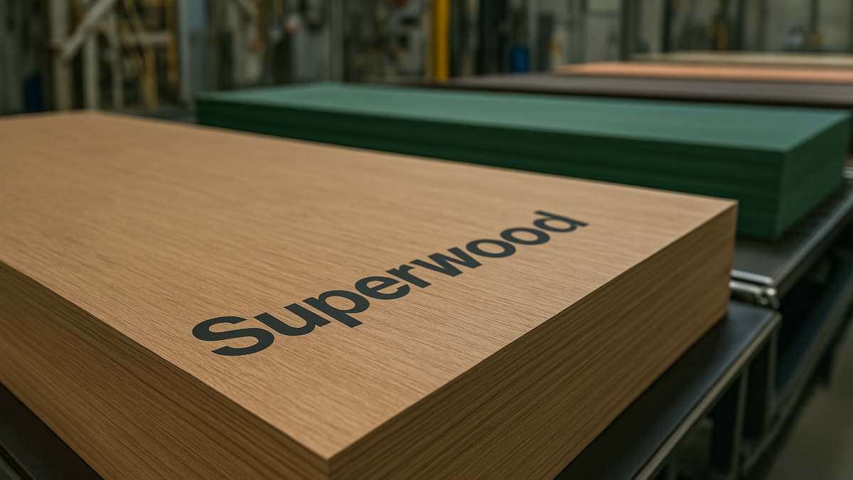 Superwood ploče u proizvodnji u Marylandu, prikaz inovativnog drvenog materijala i modernih strojeva u svijetloj tvornici.