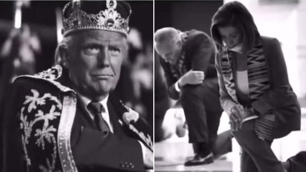 Predsjednik Donald Trump prikazan kao kralj s krunom na glavi, dok mu se članovi Demokratske stranke klanjaju tijekom simbolične provokacije na “Dan bez kraljeva”.