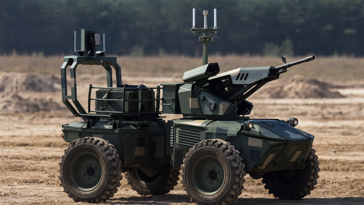 Ukrajinski borbeni dron Ironclad AI na prašnjavom terenu, s montiranim oružjem i kamerama.