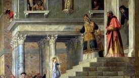 Veronese – Prikazanje Marije u Hramu, mala Marija se penje stubama prema svećeniku u raskošnoj renesansnoj arhitekturi.