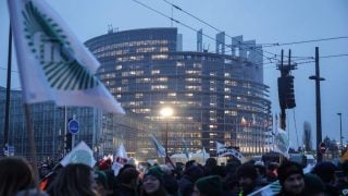 Prosvjednici ispred zgrade Europskog parlamenta u Strasbourgu prosvjeduju protiv sporazuma o slobodnoj trgovini između EU-a i Mercosura.