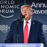 Predsjednik Sjedinjenih Američkih Država Donald Trump govori tijekom prijema s poslovnim čelnicima na marginama godišnjeg sastanka Svjetskog gospodarskog foruma u Davosu, 21. siječnja 2026.