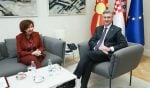 Andrej Plenković i Gordana Siljanovska-Davkova na sastanku u Banskim dvorima tijekom službenog posjeta predsjednice Sjeverne Makedonije Hrvatskoj