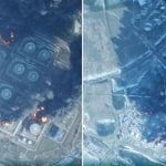 Satelitska snimka naftnog terminala u Primorsku s vidljivim požarima i dimom nakon navodnog napada dronovima