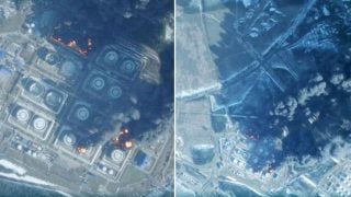 Satelitska snimka naftnog terminala u Primorsku s vidljivim požarima i dimom nakon navodnog napada dronovima