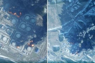 Satelitska snimka naftnog terminala u Primorsku s vidljivim požarima i dimom nakon navodnog napada dronovima