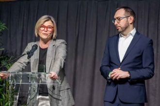 Sandra Benčić i Tomislav Tomašević na izbornoj skupštini stranke Možemo! u Zagrebu 14. ožujka 2026.