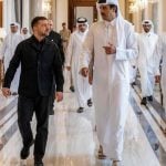 Katarski emir šeik Tamim bin Hamad Al Thani prima Volodimira Zelenskog u palači Lusail u Dohi 28. ožujka 2026.