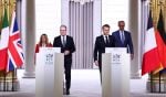 Giorgia Meloni, Keir Starmer, Emmanuel Macron i Friedrich Merz dolaze na konferenciju za novinare u Elizejskoj palači nakon summita o Hormuškom tjesnacu.